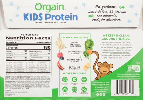 Orgain Organic Kids Nutritional Protein Shake, Vanilla - Kids Snacks with 8g Dairy Protein, 22 Vitamins & Minerals, Fruits & Vegetables, Gluten Free, Soy Free, Non GMO, 8.25 Fl Oz (Pack of 12)