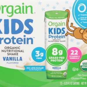 Orgain Organic Kids Nutritional Protein Shake, Vanilla - Kids Snacks with 8g Dairy Protein, 22 Vitamins & Minerals, Fruits & Vegetables, Gluten Free, Soy Free, Non GMO, 8.25 Fl Oz (Pack of 12)