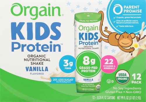 Orgain Organic Kids Nutritional Protein Shake, Vanilla - Kids Snacks with 8g Dairy Protein, 22 Vitamins & Minerals, Fruits & Vegetables, Gluten Free, Soy Free, Non GMO, 8.25 Fl Oz (Pack of 12)