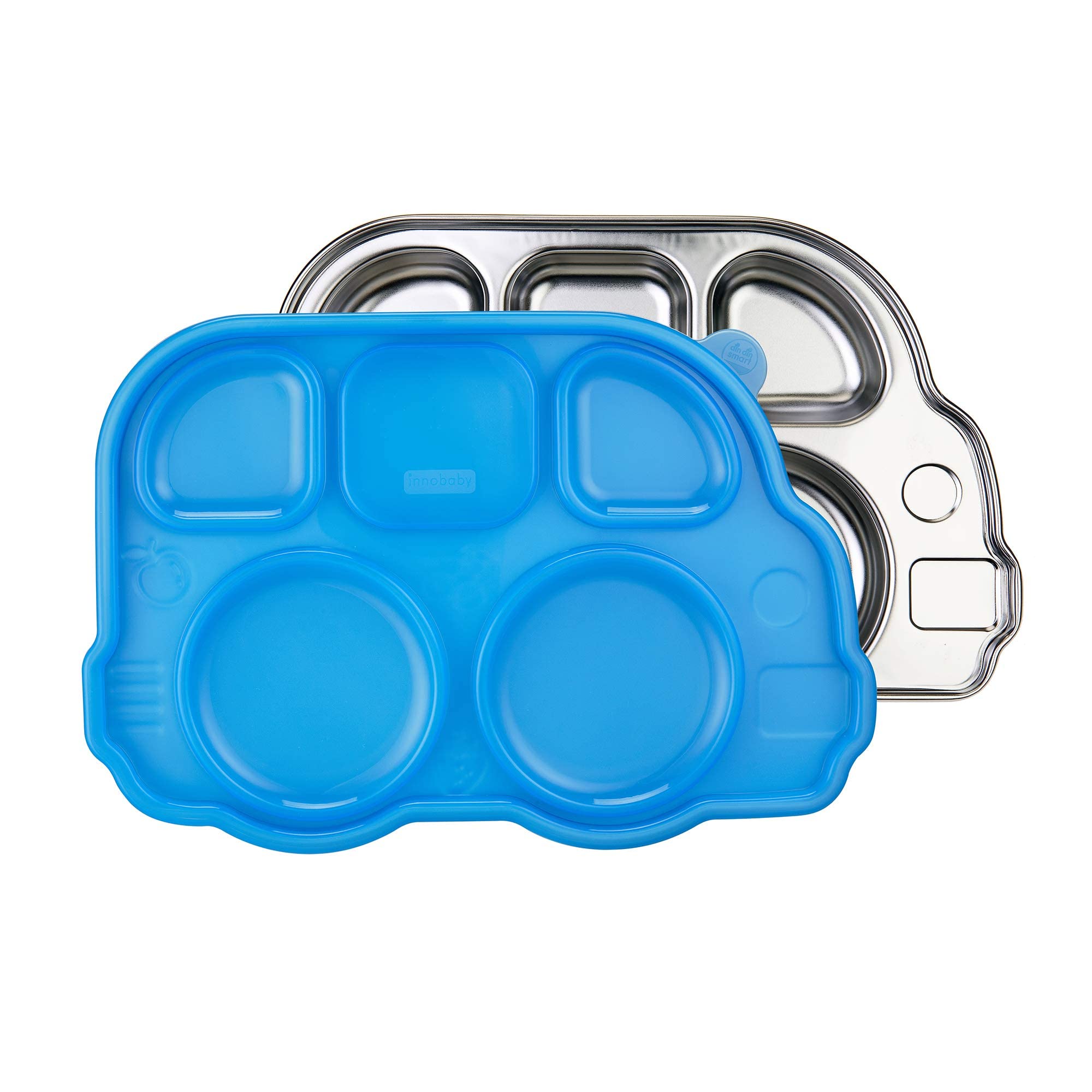 Innobaby Stainless Bus Plate with Airtight Sectional Lid, The Original, Leak-Resistant Divided Platter, Mom Invented Fun Shape Plate Din Din Smart for Babies, Toddlers and Kids, BPA Free Plate, Blue