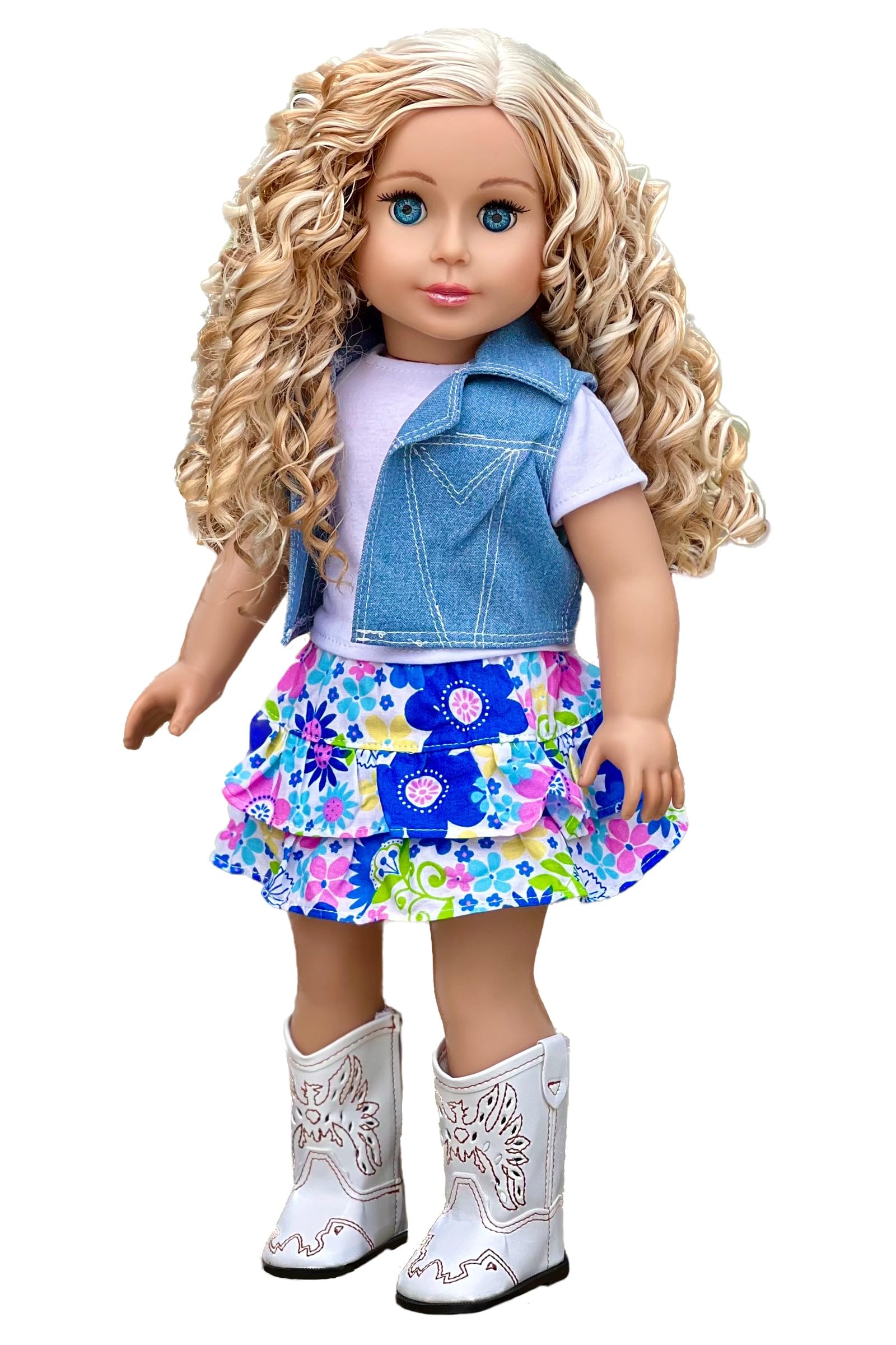 - Feeling Happy - 4 Piece Outfit - Skirt, White T-Shirt, Blue Jeans Vest and White Cowgirl Boots - Clothes Fits 18 Inch Doll (Doll Not Included)