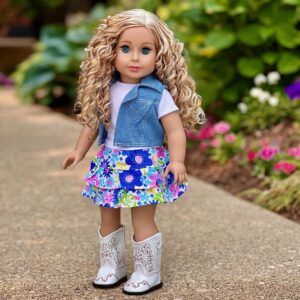 - Feeling Happy - 4 Piece Outfit - Skirt, White T-Shirt, Blue Jeans Vest and White Cowgirl Boots - Clothes Fits 18 Inch Doll (Doll Not Included)