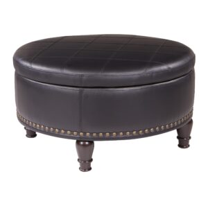 inspired by bassett osp home furnishings augusta round storage ottoman with decorative nailheads and flip over lid with serving tray surface, black faux leather