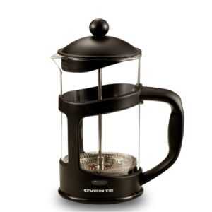 ovente french press coffee, tea and espresso maker, heat resistant borosilicate glass with 4 filter stainless-steel system, bpa-free portable pitcher perfect for hot & cold brew 27oz, black fpt27b