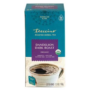 Teeccino Dandelion Herbal Tea - Dark Roast - Caffeine Free, Prebiotic, Gluten Free, 3x More Herbs - 25 Tea Bags