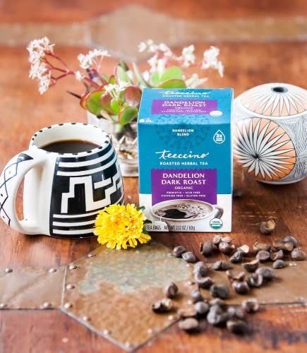 Teeccino Dandelion Herbal Tea - Dark Roast - Caffeine Free, Prebiotic, Gluten Free, 3x More Herbs - 25 Tea Bags