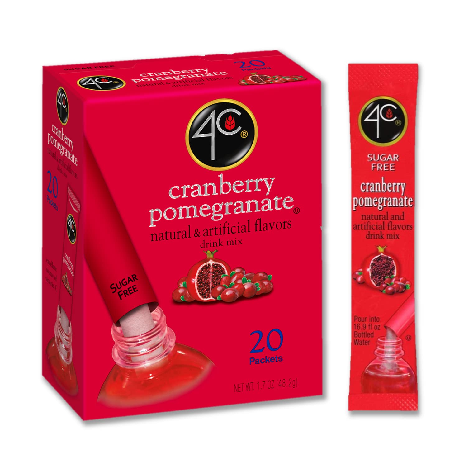 4C Powder Drink Mix Packets, Cranberry Pomegranate 1 Pack, 20 Count, Singles Stix On the Go, Refreshing Sugar Free Water Flavorings