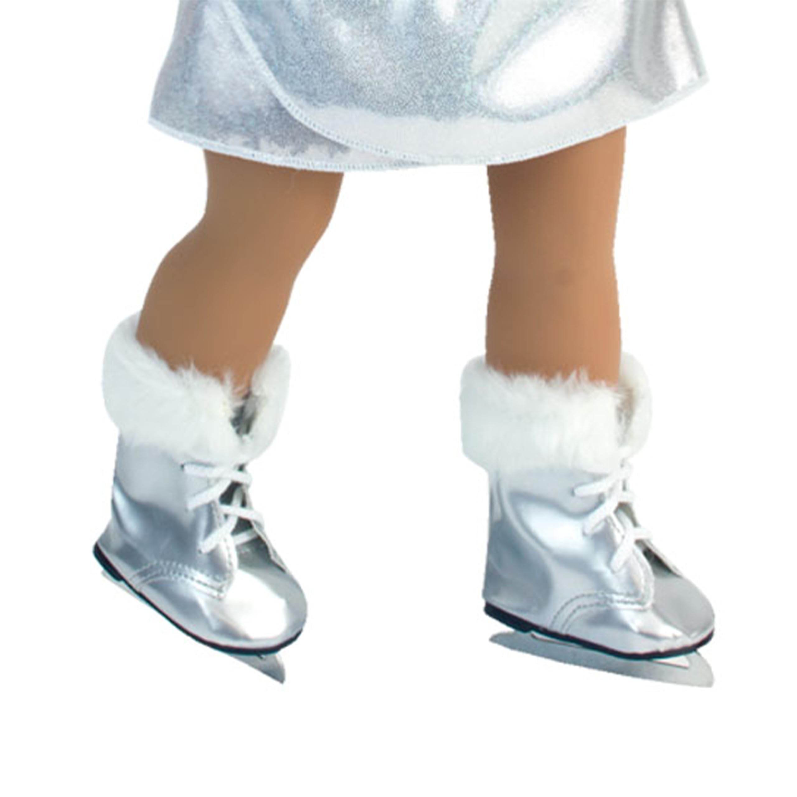 Doll Ice Skates, Fits 18 Inch American Girl Doll Shoes and More! 18 Inch Doll Silver Skates with Fur Trim