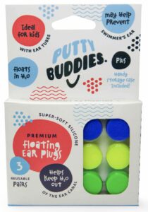 putty buddies floating earplugs 3-pair pack – soft silicone ear plugs for swimming & bathing – invented by physician – block water– premium swim earplugs – doctor recommended – ear tubes