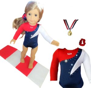 2024 american doll girl usa gymnastics doll clothes set with leotard, mat, olympic medal and hair accessory. 4 pcs in all! doll not included