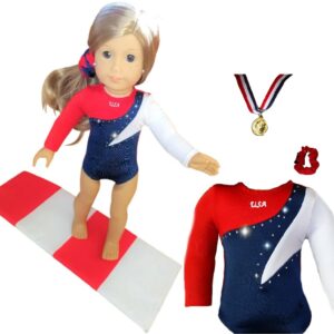 2024 American Doll Girl USA Gymnastics Doll Clothes Set with Leotard, Mat, Olympic Medal and Hair Accessory. 4 PCS in All! Doll Not Included