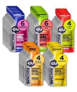 gu energy roctane ultra endurance energy gel, vegan, gluten-free, kosher, and dairy-free on-the-go sports nutrition for running, biking, hiking or skiing, assorted flavors,24-count