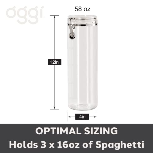 OGGI Tall Clear Canister with Clamp Lid, 58 oz - Large Airtight Food Storage Container, Ideal for Kitchen & Pantry Storage of Bulk, Dry Foods Including Pasta & Spaghetti