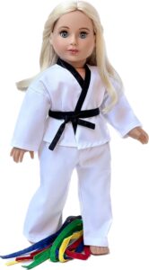 - yin and yang - karate/tae kwon do outfit includes blouse, pants and 5 belts - yellow, green, red, blue and black - clothes fits 18 inch doll (doll not included)