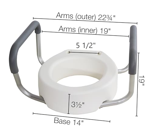 Essential Medical Supply Raised Elevated Toilet Seat Riser for an Elongated Toilet with Padded Aluminum Arms for Support and Compatible with Toilet Seat, Elongated, 19 x 14 x 3.5