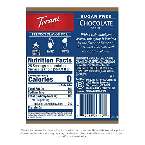 Torani Sugar Free Syrup, Chocolate, 25.4 Ounces (Pack of 4)