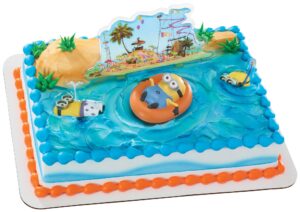 decoset® despicable me beach party minions cake topper, 4-piece set with keepsake minion figure, 2 layon picks,1 laydown image, create fun cakes or cupcakes, food safe