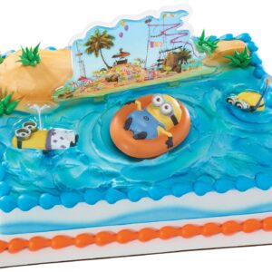 DecoSet® Despicable Me Beach Party Minions Cake Topper, 4-Piece Set with Keepsake Minion Figure, 2 Layon Picks,1 Laydown Image, Create Fun Cakes or Cupcakes, Food Safe