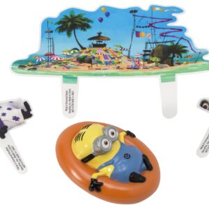 DecoSet® Despicable Me Beach Party Minions Cake Topper, 4-Piece Set with Keepsake Minion Figure, 2 Layon Picks,1 Laydown Image, Create Fun Cakes or Cupcakes, Food Safe