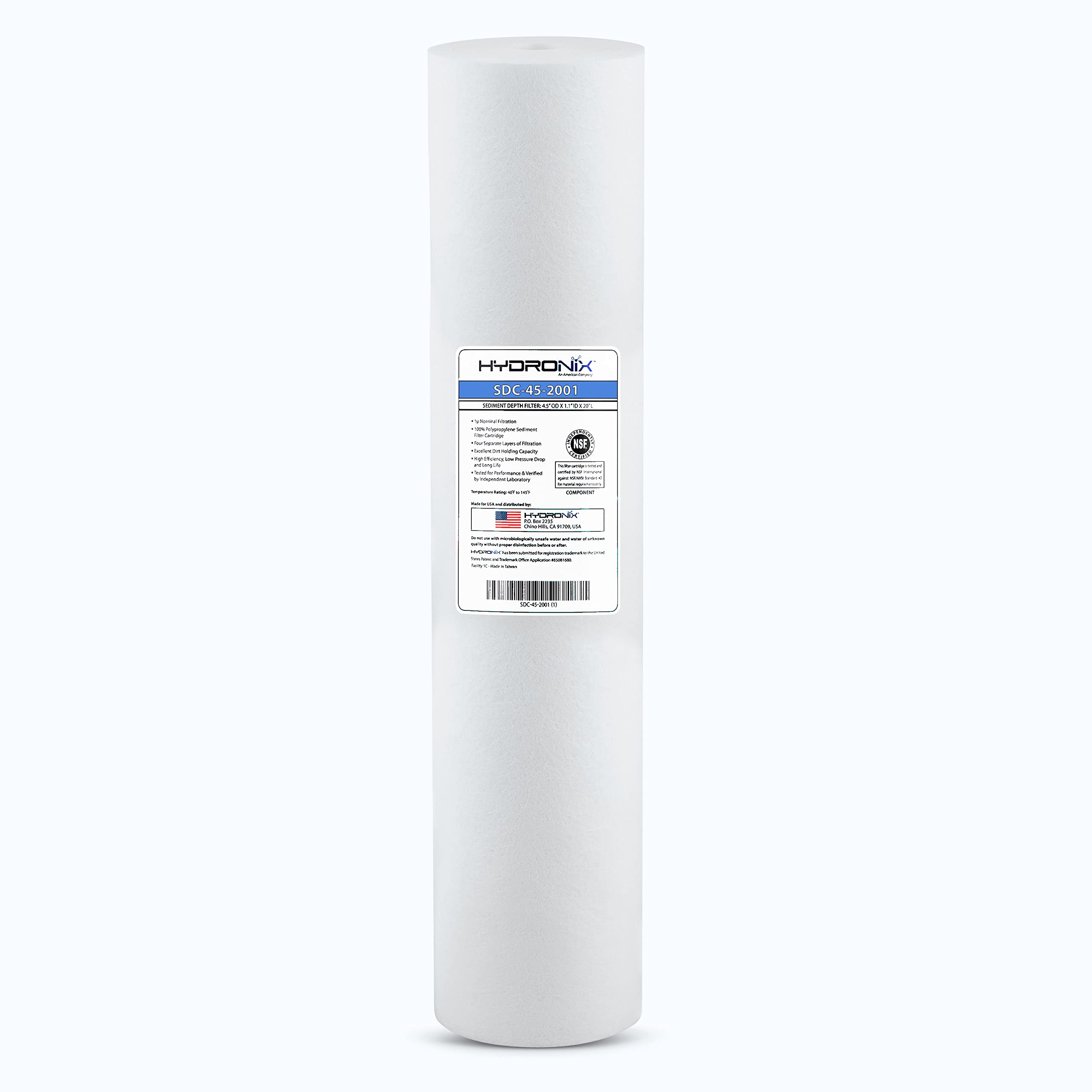 Hydronix SDC-45-2001 Whole House or Commercial NSF Polypropylene Sediment Water Filter Cartridge 4.5" x 20" - 1 Micron