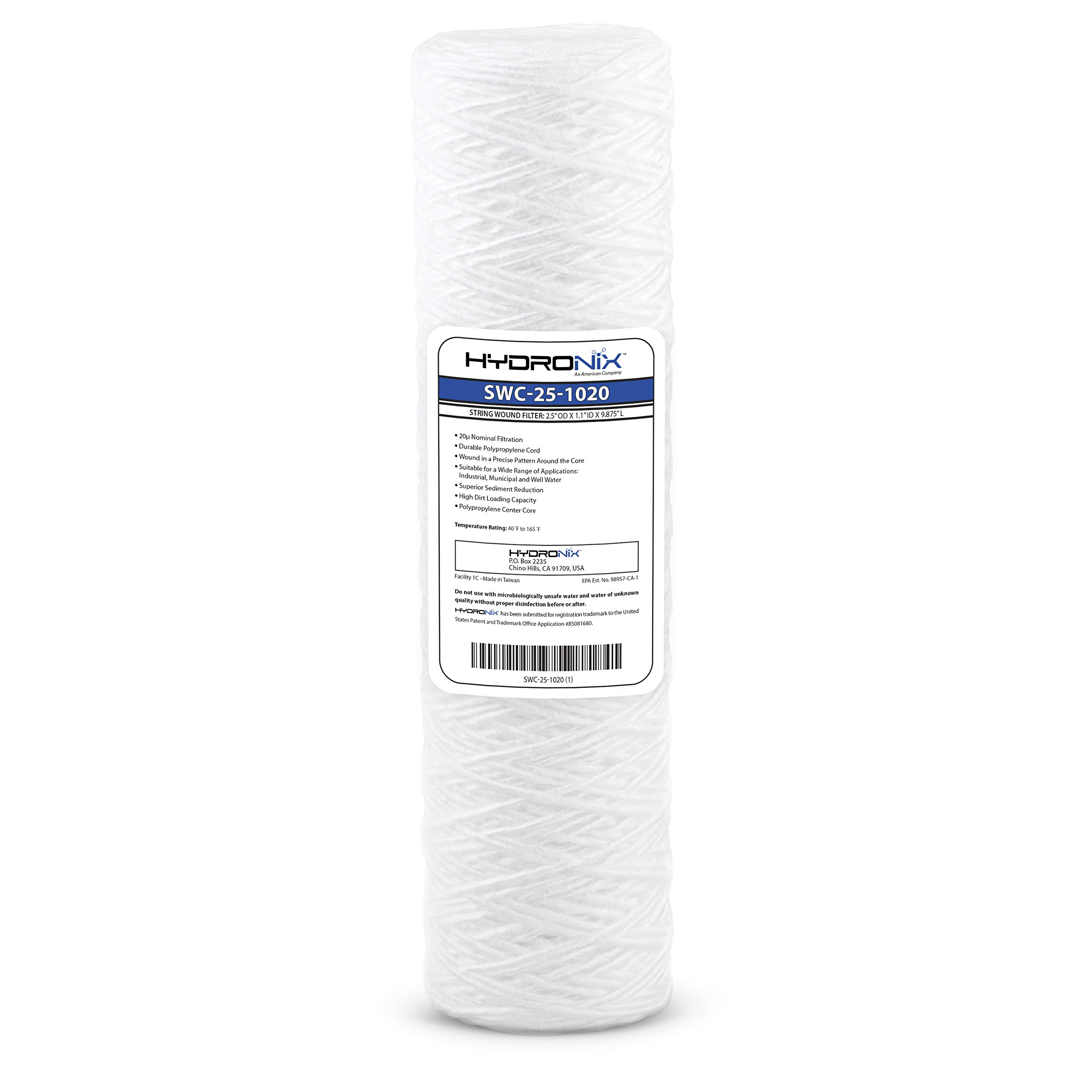Hydronix SWC-25-1020 Universal Whole House String Wound Sediment Water Filter Cartridge 2.5" x 10" - 20 Micron