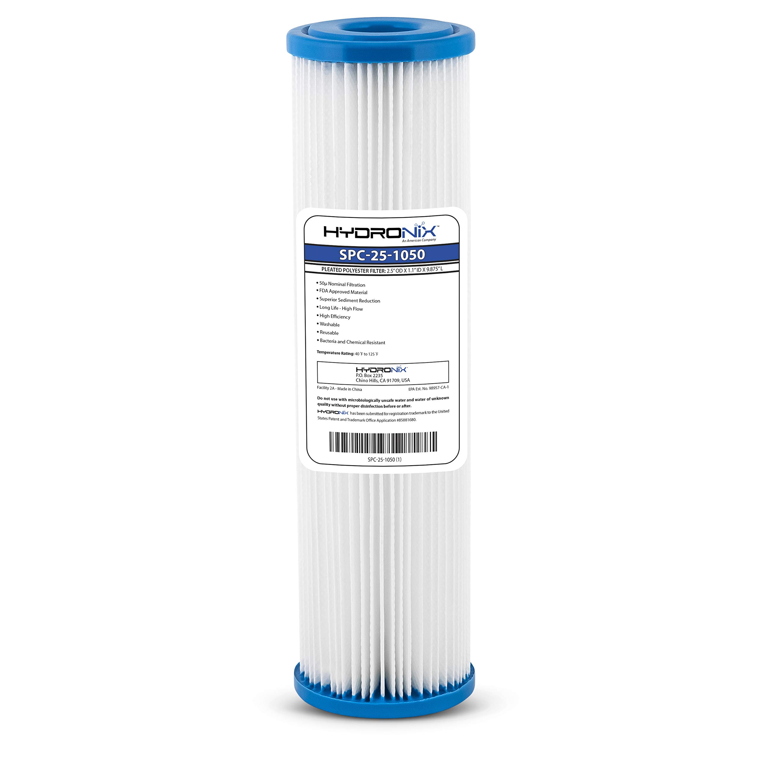 Hydronix SPC-25-1050 Polyester Pleated Sediment Water Filter, Washable & Reusable, 2.5" X 10", 50 Micron