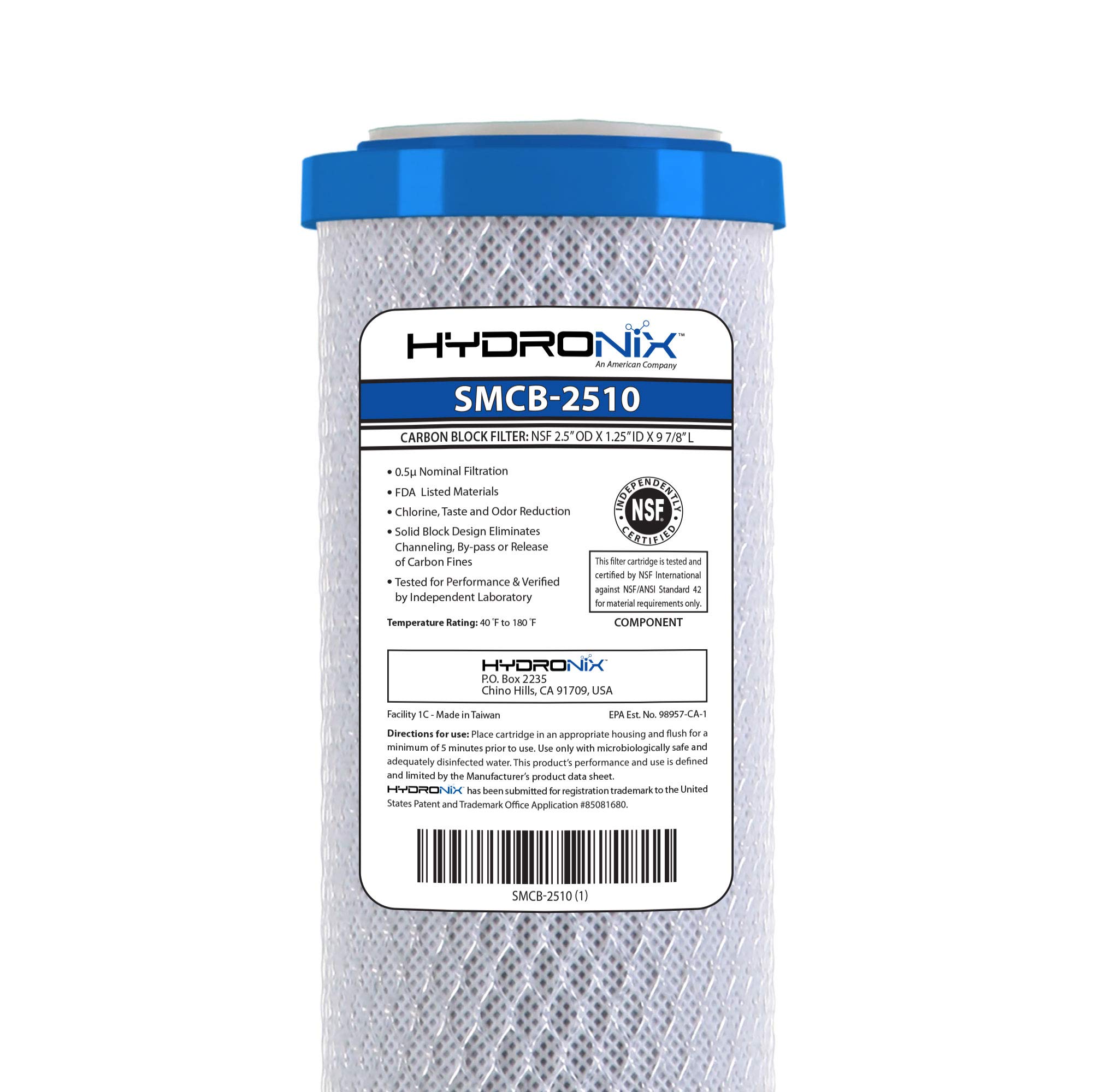 Hydronix SMCB-2510 NSF Coconut Activated Carbon Block Water Filter, 2.5" x 10" - 0.5 Micron