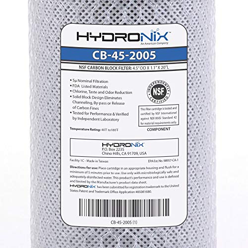 Hydronix CB-45-2005 Whole House, Commercial & Industrial NSF Coconut Carbon Block Water Filter, 4.5" x 20" - 5 Micron