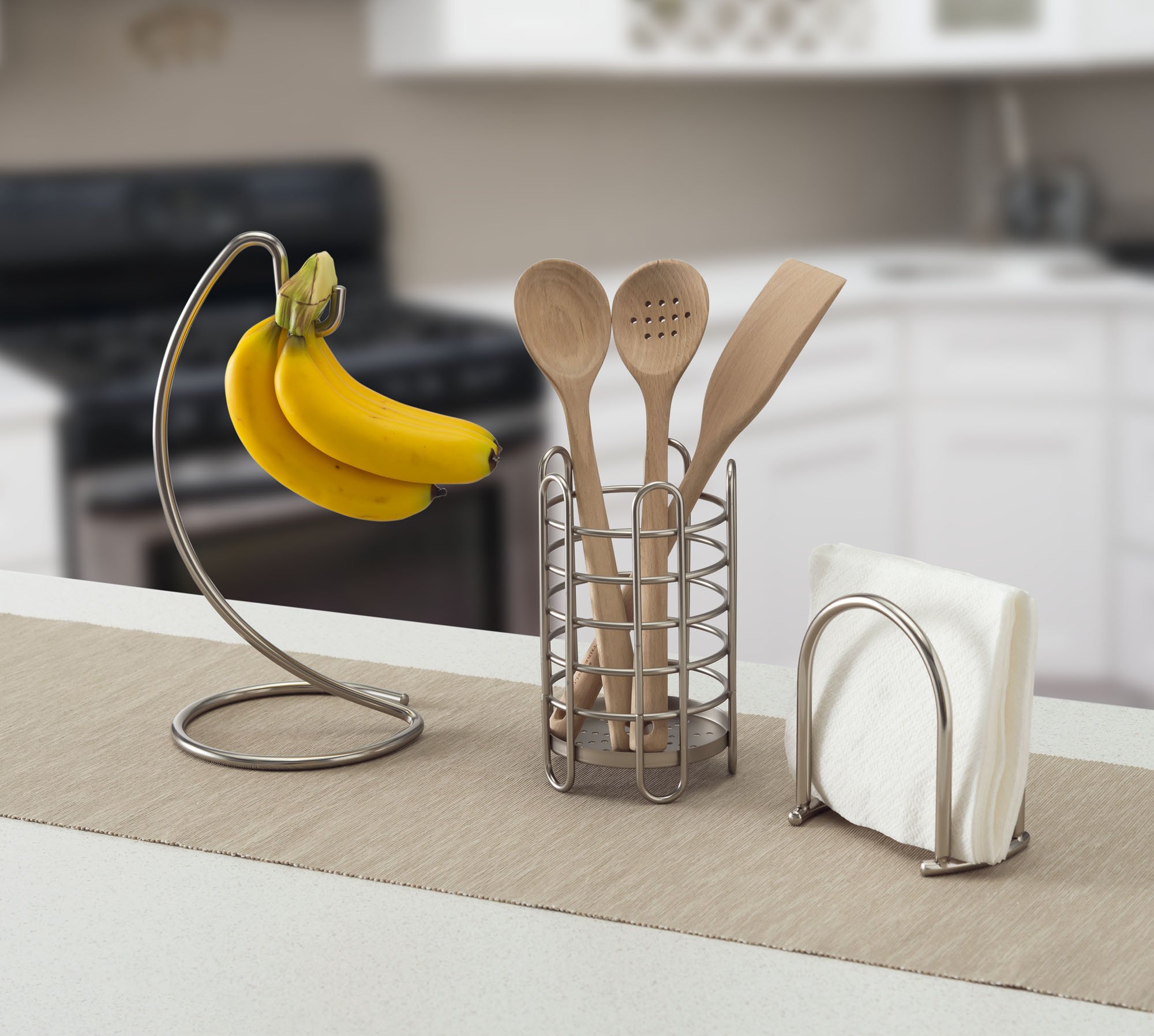 Freestanding Banana Holder, By Home Basics (Satin Nickel) | Metal Banana Hanger | Banana Tree Hanger with Hook and Base for Countertop and Table