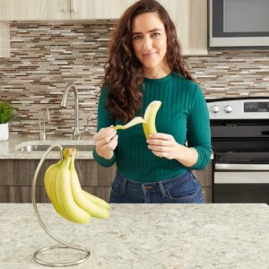 Freestanding Banana Holder, By Home Basics (Satin Nickel) | Metal Banana Hanger | Banana Tree Hanger with Hook and Base for Countertop and Table