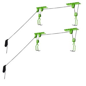 bike hanger set - set of 2 overhead pulley system bike hangers for garage or shed with 100lb capacity for bicycles or ladders by rad sportz (green)