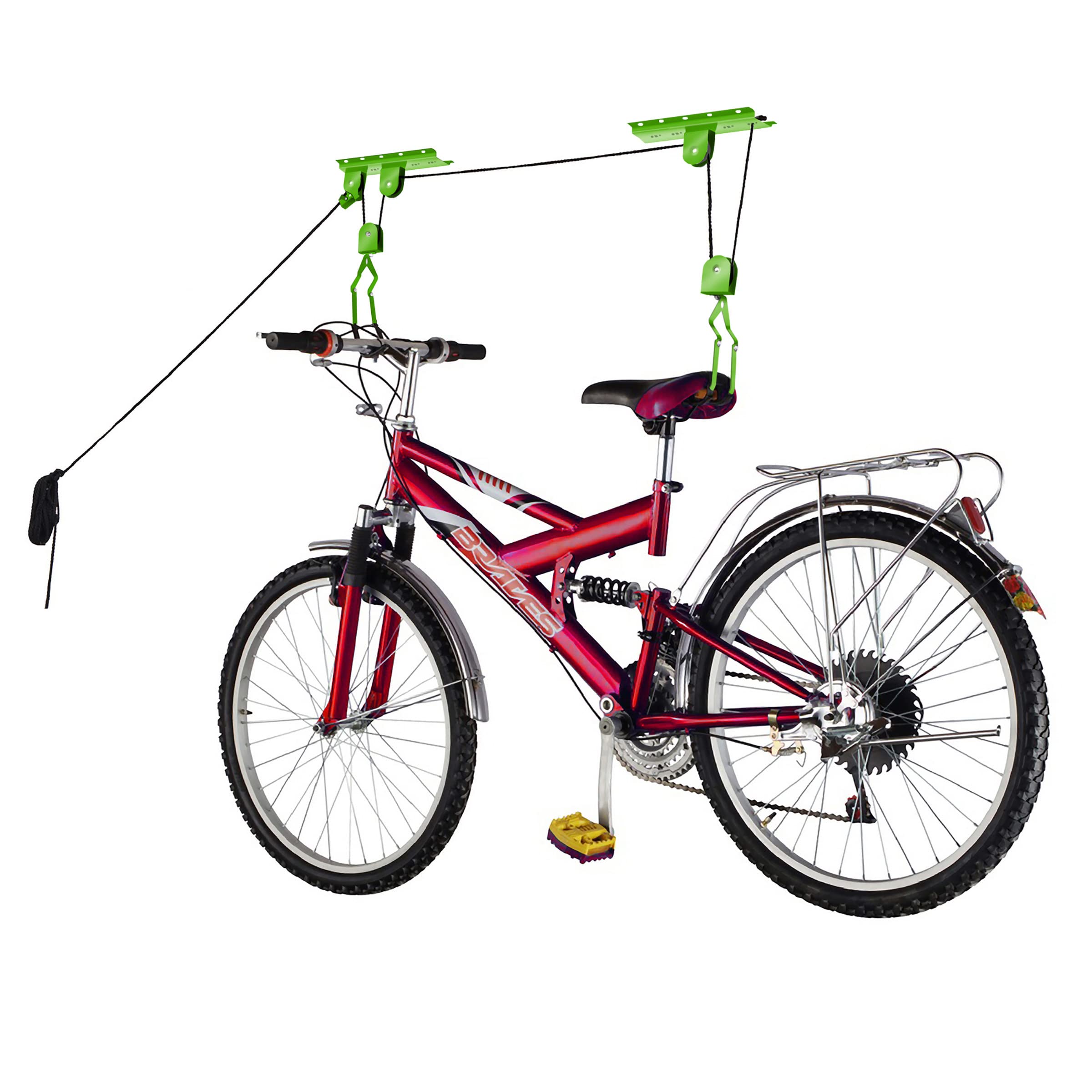 Bike Hanger Set - Set of 2 Overhead Pulley System Bike Hangers for Garage or Shed with 100lb Capacity for Bicycles or Ladders by Rad Sportz (Green)