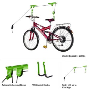 Bike Hanger Set - Set of 2 Overhead Pulley System Bike Hangers for Garage or Shed with 100lb Capacity for Bicycles or Ladders by Rad Sportz (Green)