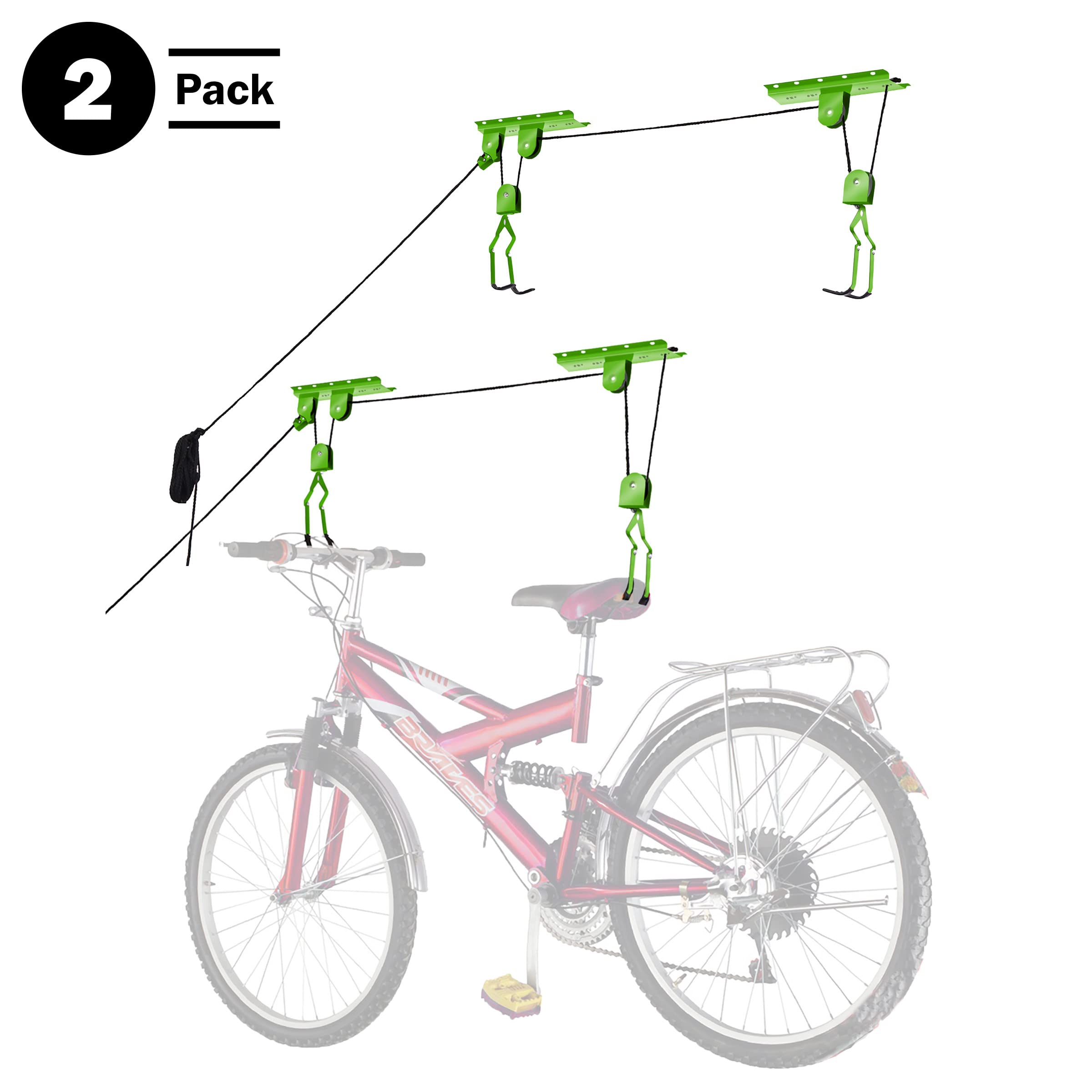 Bike Hanger Set - Set of 2 Overhead Pulley System Bike Hangers for Garage or Shed with 100lb Capacity for Bicycles or Ladders by Rad Sportz (Green)