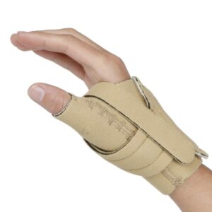 comfort cool thumb cmc restriction splint. beige patented thumb brace provides support/compression. indications - arthritis, tendinitis, dislocations, sprains, repetitive use. right medium