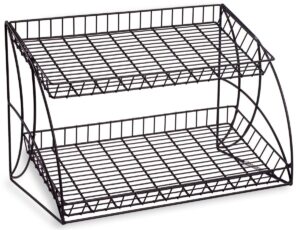black metal wire rack with 2 open space shelves for displaying merchandise, angled back design, countertop, (2) tiered