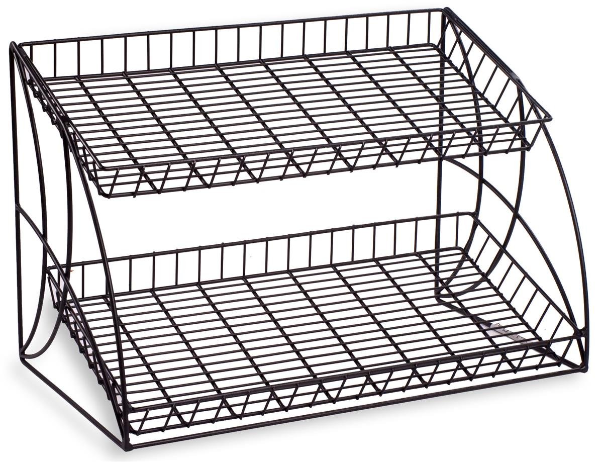 Black Metal Wire Rack with 2 Open Space Shelves for Displaying Merchandise, Angled Back Design, Countertop, (2) Tiered