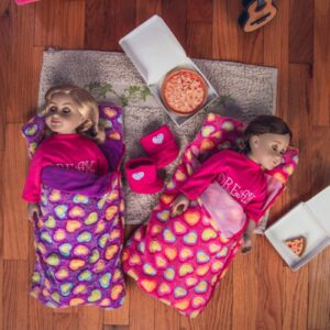 the queen's treasures 18 inch doll accessories, set of 2 soft sleeping bag bedding (1 pink and 1 purple), compatible with american girl