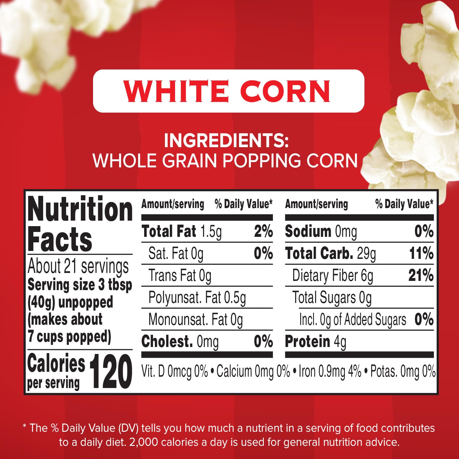 Orville Redenbacher's Original Gourmet White Popcorn Kernels, Gluten Free, 30 Ounce Jar (6 Pack)