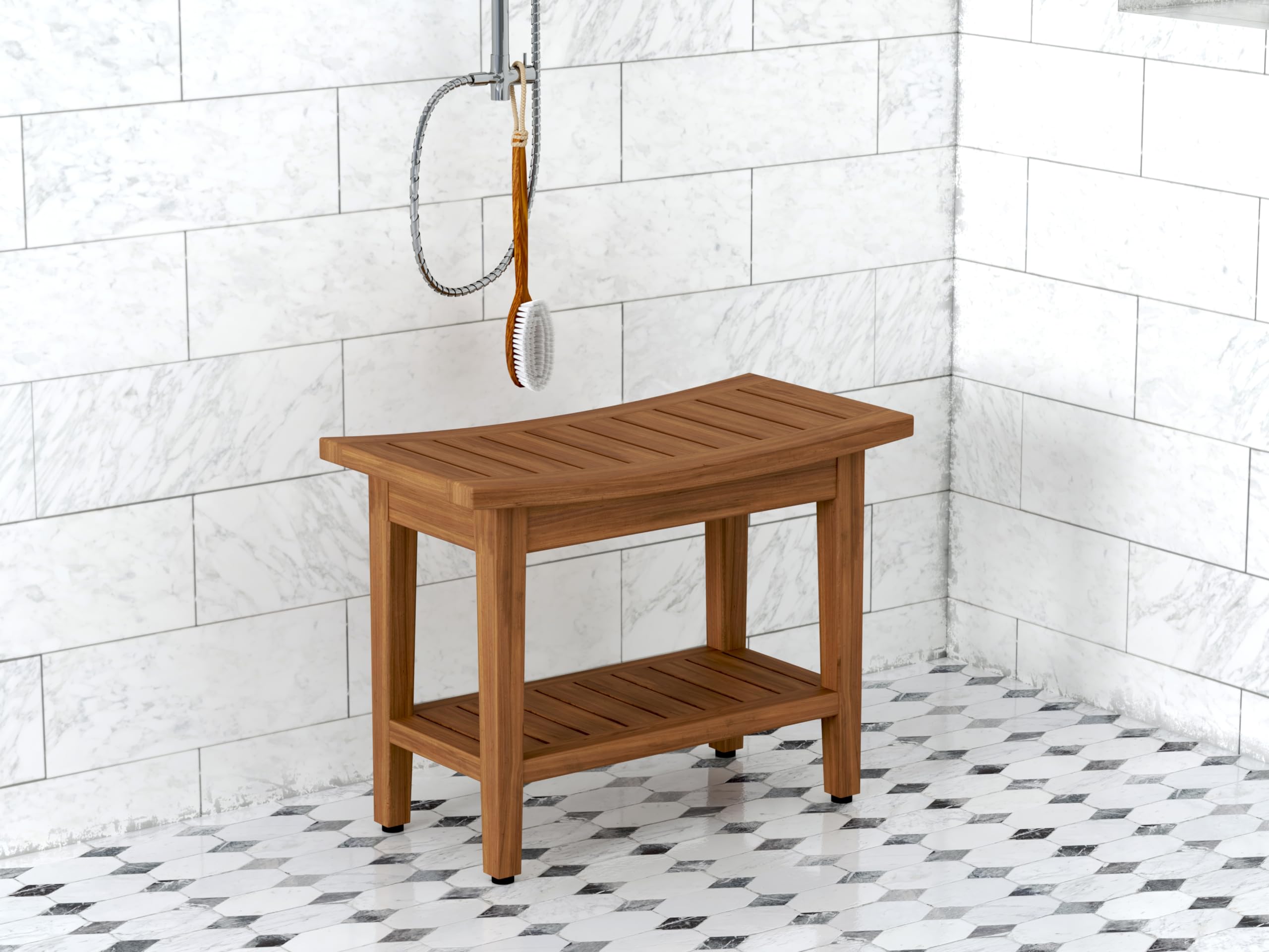 AquaTeak Patented 24" Maluku Teak Shower Bench with Shelf