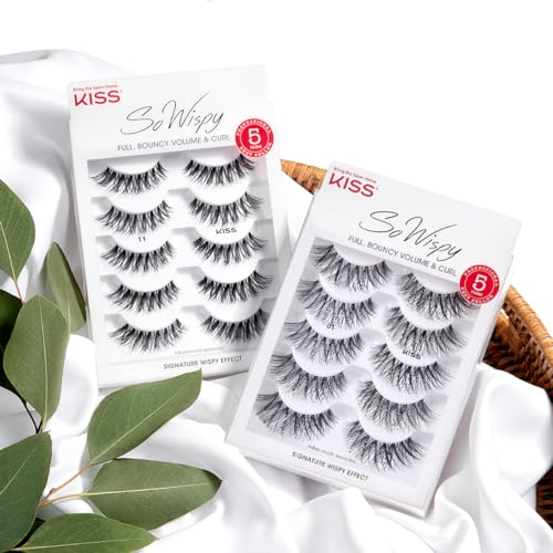 KISS So Wispy, False Eyelashes, Style #11', 12 mm, Includes 5 Pairs Of Lashes, Contact Lens Friendly, Easy to Apply, Reusable Strip Lashes, Glue On, Mulitpack