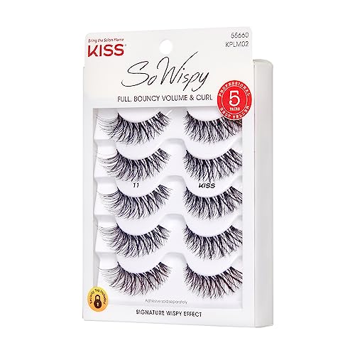 KISS So Wispy, False Eyelashes, Style #11', 12 mm, Includes 5 Pairs Of Lashes, Contact Lens Friendly, Easy to Apply, Reusable Strip Lashes, Glue On, Mulitpack