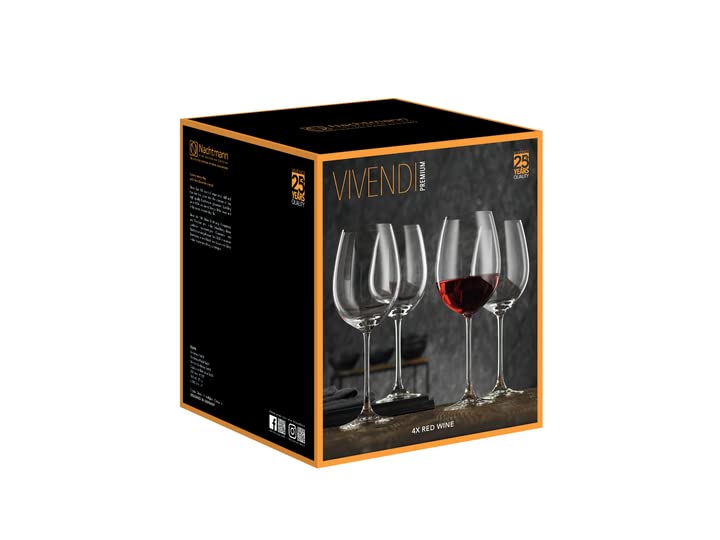 Nachtmann Vivendi Collection, Red Wine Glasses, Set of 4, Made of Crystal Glass, Clear, Long Stem, Ideal for Cabernet, Burgundy, Pinot Noir, Bordeaux, Dishwasher Safe