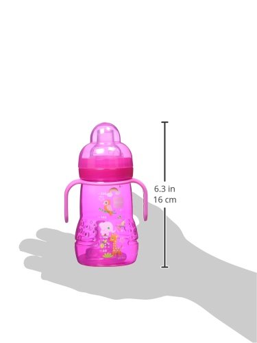 MAM Plastic Trainer Cup (1 Count), 8 oz. Trainer Drinking Cup with Extra-Soft Spout, Spill-Free Nipple, and Non-Slip Handles, for Girls 4+ Months, Designs May Vary