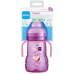 MAM Plastic Trainer Cup (1 Count), 8 oz. Trainer Drinking Cup with Extra-Soft Spout, Spill-Free Nipple, and Non-Slip Handles, for Girls 4+ Months, Designs May Vary