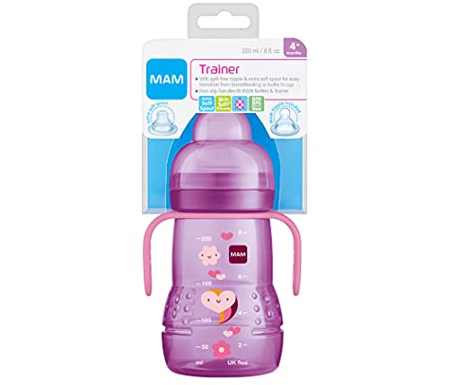 MAM Plastic Trainer Cup (1 Count), 8 oz. Trainer Drinking Cup with Extra-Soft Spout, Spill-Free Nipple, and Non-Slip Handles, for Girls 4+ Months, Designs May Vary