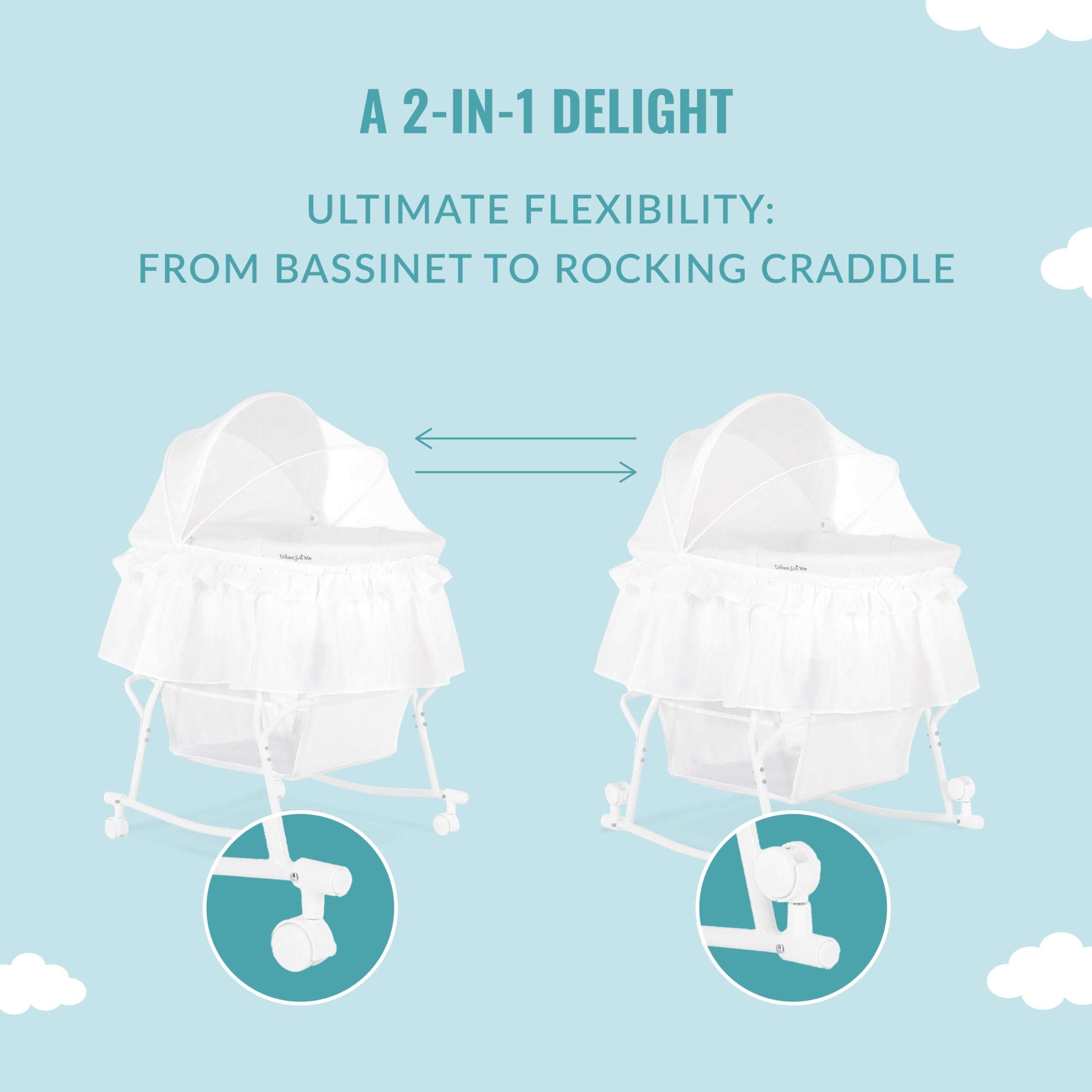 Dream On Me Lacy Portable 2-in-1 Bassinet & Cradle in White, Lightweight Baby Bassinet with Storage Basket, Adjustable and Removable Canopy