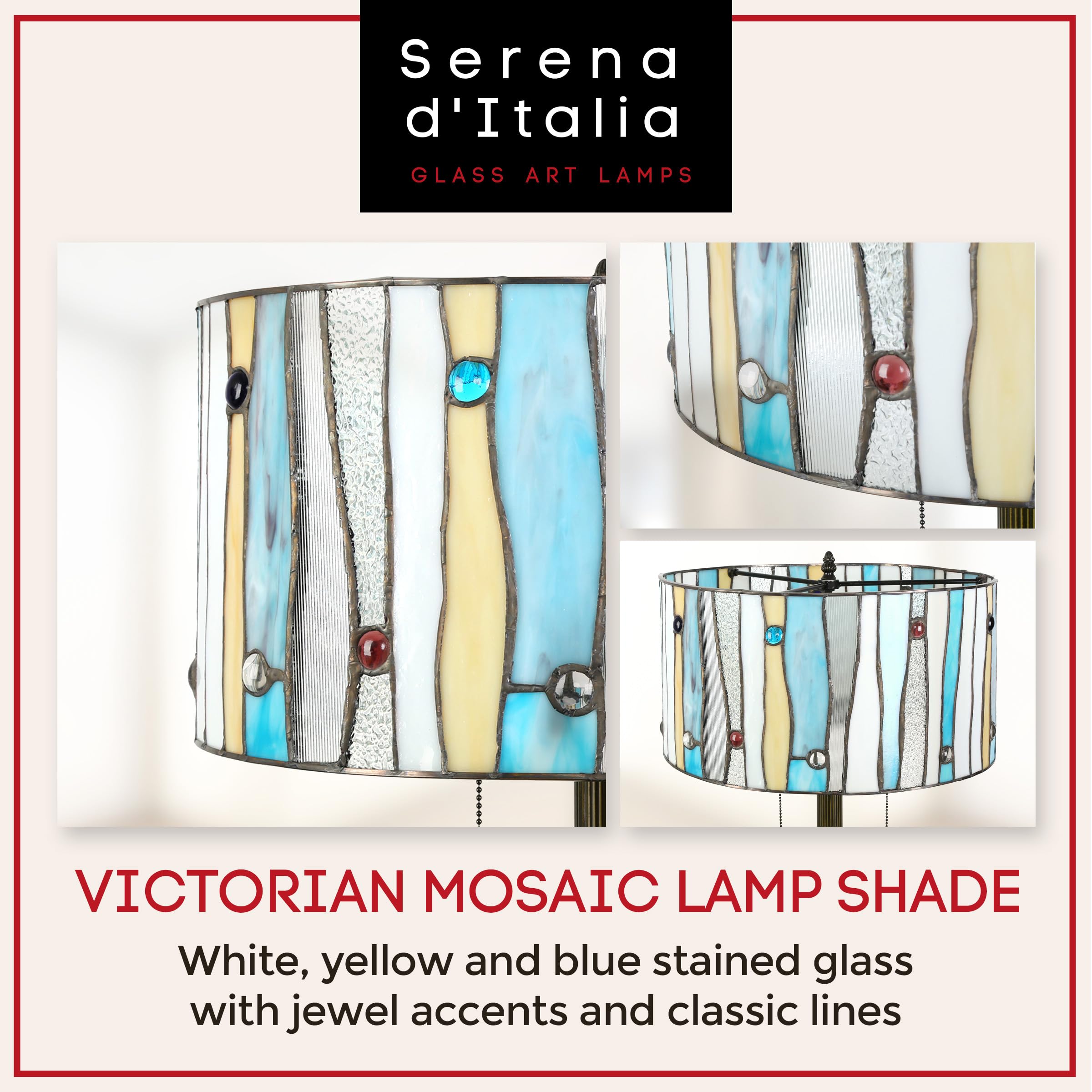 Serena D'italia Tiffany Style Lamps, Blue Contemporary Floor Lamp, Mosaic Stained Glass Lamp and Bronze Finish Base, Double Pull Chain (Blue, White, Yellow)