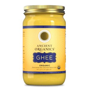 ancient organics ghee, organic grass fed gluten free clarified ghee butter with vitamins & omegas, lactose reduced, 100% certified organic, kosher, usda certified, made in usa – 32 fl oz (pack of 1)