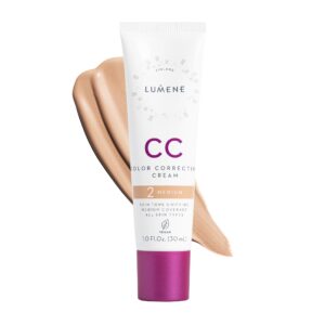 lumene color corrector cc cream - lightweight foundation with medium coverage - redness reducing face makeup for a glowing complexion - vegan formula + suitable for all skin types - medium (1 fl oz)